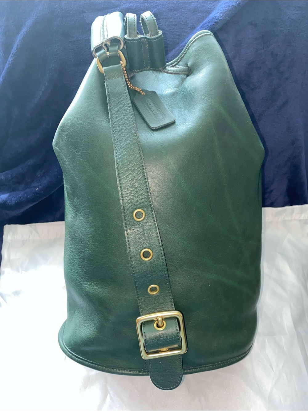 VTG Coach Bottle Green Leather Sling Backpack Drawstring Rucksack